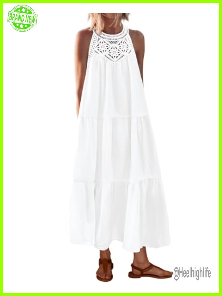 Womens Halter Neck Maxi Sundress Sleeveless Boho Beach Vacation Dress With